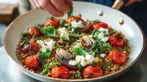 Farro with Roasted Tomatoes, Pesto, and Spinach