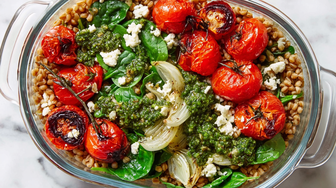 Farro with Roasted Tomatoes, Pesto, and Spinach A Complete Vegetarian Delight